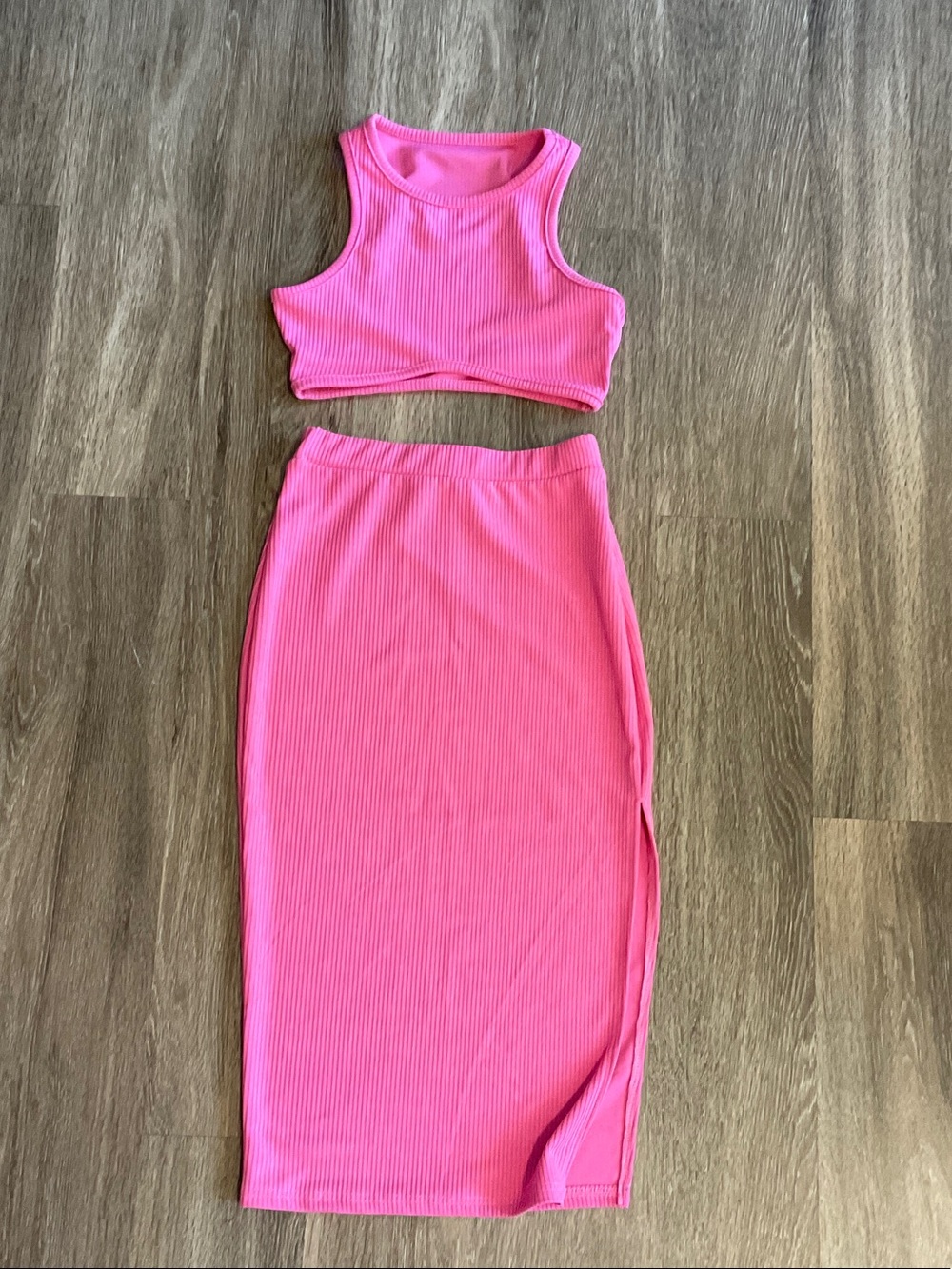 SHEIN Hot Pink Ribbed Two-Piece Skirt Set